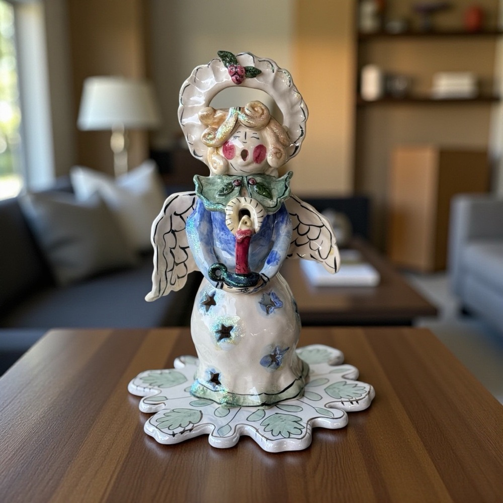 Vintage Blue Sky Christmas Tea Light Angel Figurine Signed by Heather Goldminc